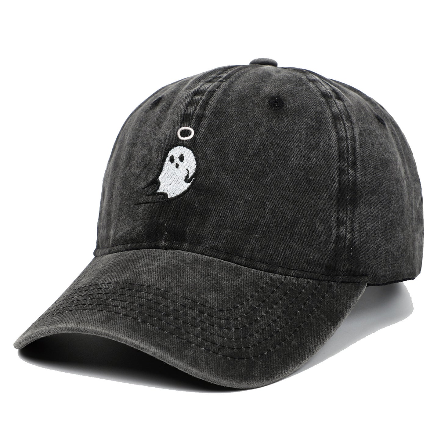 Distressed Gray Baseball Cap with Ghost & Halo Embroidery