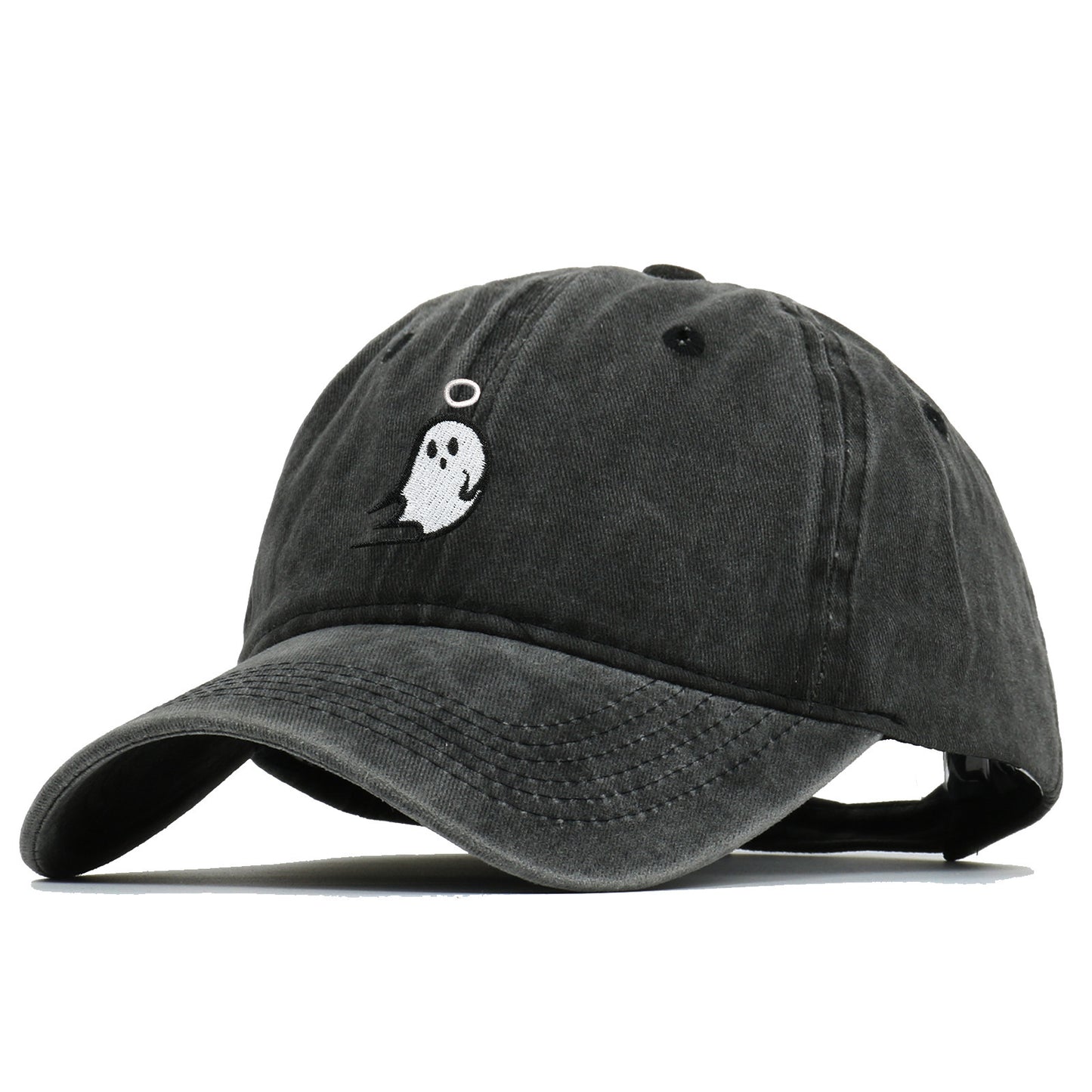 Distressed Gray Baseball Cap with Ghost & Halo Embroidery
