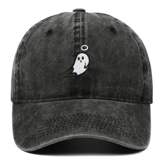 Distressed Gray Baseball Cap with Ghost & Halo Embroidery